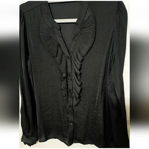 Womens L Black Victorian Pleated Ruffle Button Balloon Sleeve Whimsigoth Blouse